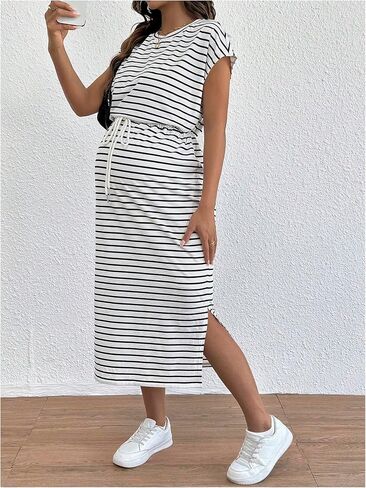 MakeMeChic Women's Maternity Dress Striped Tie Front Crew Neck Cap Sleeve Pregnancy Midi Dresses in Saudi Arabia