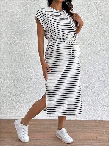 MakeMeChic Women's Maternity Dress Striped Tie Front Crew Neck Cap Sleeve Pregnancy Midi Dresses in Saudi Arabia
