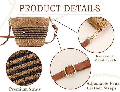 Straw Crossbody Bags for Women with Stripe, Hand Woven Shoulder Bag with Adjustable Faux Leather Strap, Beach Purses in Kuwait