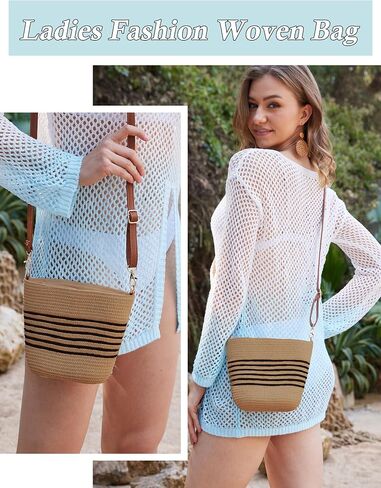 Straw Crossbody Bags for Women with Stripe, Hand Woven Shoulder Bag with Adjustable Faux Leather Strap, Beach Purses in Kuwait