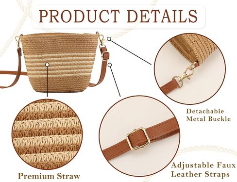 Straw Crossbody Bags for Women with Stripe, Hand Woven Shoulder Bag with Adjustable Faux Leather Strap, Beach Purses in Kuwait