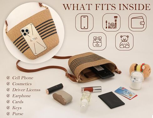 Straw Crossbody Bags for Women with Stripe, Hand Woven Shoulder Bag with Adjustable Faux Leather Strap, Beach Purses in Kuwait