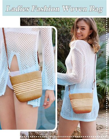 Straw Crossbody Bags for Women with Stripe, Hand Woven Shoulder Bag with Adjustable Faux Leather Strap, Beach Purses in Kuwait