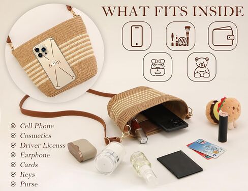 Straw Crossbody Bags for Women with Stripe, Hand Woven Shoulder Bag with Adjustable Faux Leather Strap, Beach Purses in Kuwait