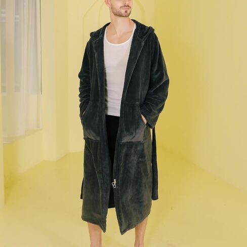 Men's Long Sleeve Bathrobe Hooded Fuzzy Robe Soft Winter Fall Cozy Fleece Long Trendy Thick Knee Length in Saudi Arabia