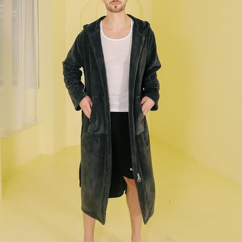 Men's Long Sleeve Bathrobe Hooded Fuzzy Robe Soft Winter Fall Cozy Fleece Long Trendy Thick Knee Length in Saudi Arabia
