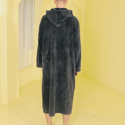Men's Long Sleeve Bathrobe Hooded Fuzzy Robe Soft Winter Fall Cozy Fleece Long Trendy Thick Knee Length in Saudi Arabia