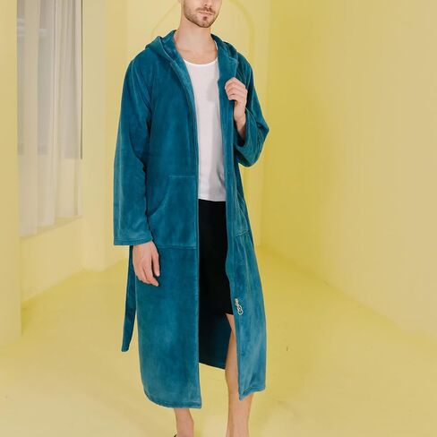 Men's Long Sleeve Bathrobe Hooded Fuzzy Robe Soft Winter Fall Cozy Fleece Long Trendy Thick Knee Length in Saudi Arabia