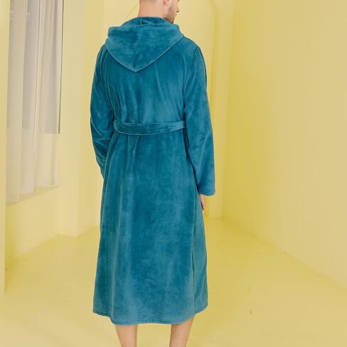 Men's Long Sleeve Bathrobe Hooded Fuzzy Robe Soft Winter Fall Cozy Fleece Long Trendy Thick Knee Length in Saudi Arabia