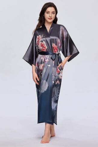 PRODESIGN Kimono Robes for Women - Long Satin Sleepwear Silky Nightgown Bathrobe Gradient Floral Dressing Gown Blouse Robe in Kuwait