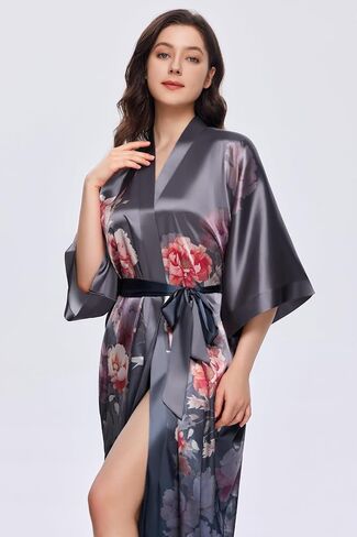 PRODESIGN Kimono Robes for Women - Long Satin Sleepwear Silky Nightgown Bathrobe Gradient Floral Dressing Gown Blouse Robe in Kuwait