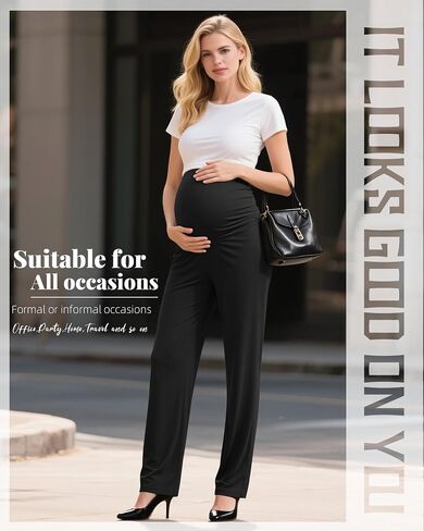 Women's Maternity Pants Over The Belly Pregnancy Clothes for Work Stretchy Straight Dress Pants with Pockets in Saudi Arabia