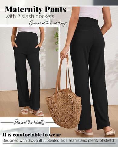 Women's Maternity Pants Over The Belly Pregnancy Clothes for Work Stretchy Straight Dress Pants with Pockets in Saudi Arabia