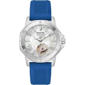 علبة الفولاذ المقاوم للصدأ التلقائي للسيدات من Bulova للسيدات ، وحزام السيليكون الأزرق ، والمواد الهاتفية للكمثرى: 96L324
