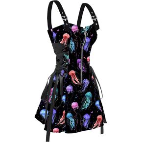 DRESSFO Women's Galaxy Butterfly Skull Mushroom Print Lace Up Mini Dress Half Zipper Adjustable Buckle Strap Dress