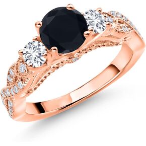 GEM Stone King 18k Rose Gold Filled Black Onyx White Lab Colling Diamond and White Moissanite Lead for Women (1.27 CTTW ، Gemstone December Birthstone ، Round 6mm و 3mm)