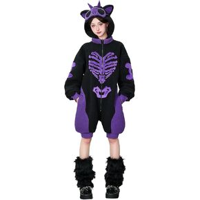 Cat Skull Plush Wooded Pajama Set - Black/Purple ، Flannel و Faux Fur ، Paws and Eye Mask القابلة للفصل