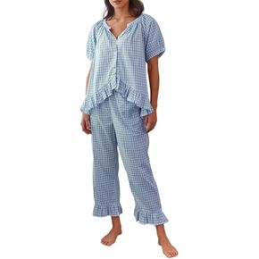 Women Plaid 2 Piece Pajama Set Y2K Button Down Puff Sleeve Babydoll Shirt Gingham Pants Loungewear Sleepwear Pjs