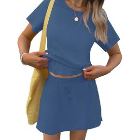 TCOT Pajamas for Women Set Summer Fashion Short Sleeve Crewneck Tops with Skirt Sets Pajama Casual Loungewear