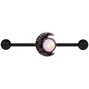14G Opal Moon Industrial Barbell Earrings for Women Men Stainless Steel 38mm Long Industrial Cartilage Earrings Black Industrial Piercing Jewelry for Halloween