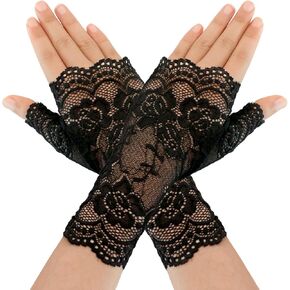 Women's Short Lace Gloves Fingerless Floral Sunblock Black Lace Gloves for Bridal Prom Wedding Tea Party Vampire Costume Accessories