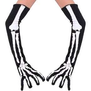 Bone Gloves For Women Men Long Skull Gloves Halloween Skeleton Gloves, Black