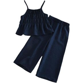MakeMeChic Girl's 2 Piece Outfits Spaghetti Strap Shirred Ruffle Cami Top and Pants Set