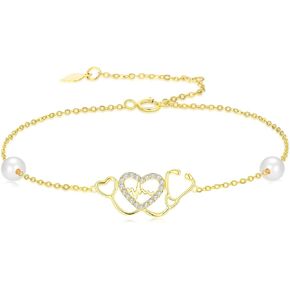 SISGEM 14K Real Gold Pearls Stethoscope Bracelet for Women,Yellow Gold Moissanite Heart and Electrocardiogram Dangle Bracelets,Medical Jewelry for Doctor Nurse Medical Student RN Nurse Gifts