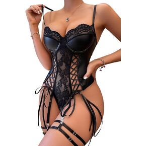 Women's Bodysuit Leather Sexy Lace Babydoll Lingerie Garter Sheer Mesh Teddy One-Piece Suit with Leg Loops S-XL