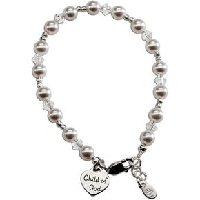 Precious Pieces Children's Sterling Silver "Child of God" Heart Charm Bracelet with High-End Simulated Pearls Baptism or First Communion Gift