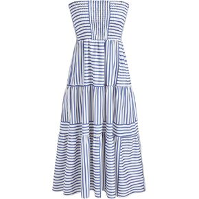 CIDER Womens Casual Dresses Strapless Tube Stripped Shirred A Line Blue Beach Vacation Midi Dress Maxi Skirts