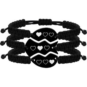 Personalize 3PCS Friendship Bracelets Heart Puzzle Matching Handmade Woven Braided Black Rope Bracelet Set for Best Friends Sisters