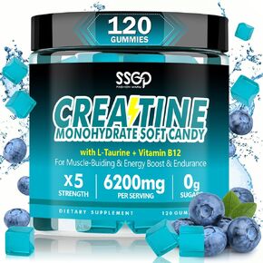 SSGP Creatine Monohydrate Gummies for Men and Women - with L-Taurine and B12, Enhances Energy -Muscular - Endurance - Vegetarian - Workout Supplement - Blueberry Creatine Monohydrate Gummies(120ct)