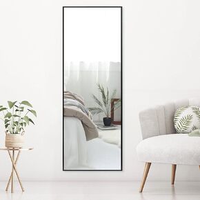NeuType 51"x16" Full Length Mirror with Standing Holder Aluminum Alloy Frame Floor Mirror Wall-Mounted Mirror for Living Room, Bedroom, Hanging or Leaning Against Wall, Black (with Stand)