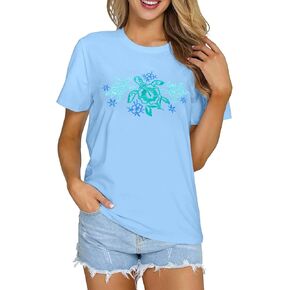 Sea Turtle Shirt Women Hawaiian Flowers Embroidered Tshirt Ocean Animal Graphic Tees Summer Beach Vacation Top