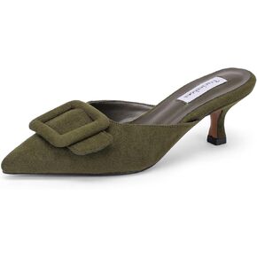 Women's Pointed Toe Kitten Heel Mules 2 Inch Slip-On Backless Slippers with Square Buckle Dress Sandals