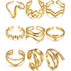 Betty & Sarah 9pcs حلقات الذهب للنساء غير المشوهة ، و 18K مطلي بالذهب حلقات قابلة للتكديس قابلة للتكديس ، وفتح هدايا خاتم المفاصل
