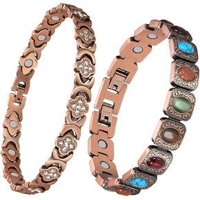 Feraco Pure Copper Bracelets & Anklet for Women, Ultra Strength Magnetic Bracelet with 3800 Gauss Magnets & Natural Turquoise & Stones, Adjustable, Jewelry Gift