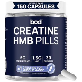 BOD Creatine Capsules Pills for Muscle Support, Endurance, No Bloat, No Load, Unflavored Creatine for Women and Men, Vegan, (Creatine HMB Capsules)