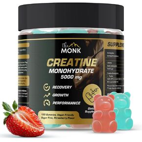 The Monk Creatine Monohydrate Gummies للرجال والنساء - خالية من السكر ، نباتي ، خالي من الغلوتين ، غير المعدلة وراثيًا - 5000 ملغ لكل وجبة - 120 Gummies