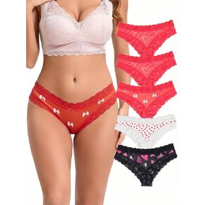 Morvia 5pcs Sexy Women Contrast Lace Hipster Panties Valentine's Day Allover Print Bikinis Underwear