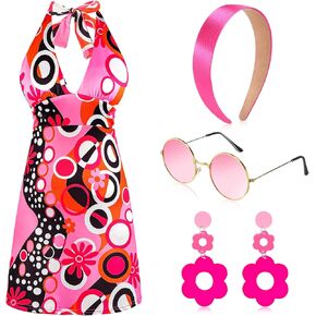 SATINIOR 4 Pcs 60s 70s Hippie Costume Women Retro Disco Outfit Groovy Dress Headband Earring Party Sunglasses for Halloween