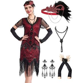 1920s Flapper Dresses for Women, Great Gatsby Dresses Roaring 20s, Sheer Beaded Sleeves Costume with 20s accessories