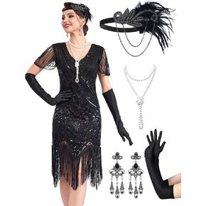 1920s Flapper Dresses for Women, Great Gatsby Dresses Roaring 20s, Sheer Beaded Sleeves Costume with 20s accessories in Kuwait