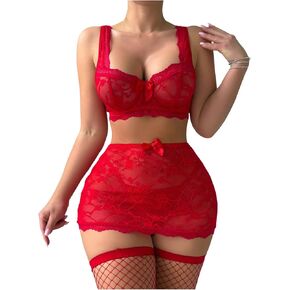 نساء 5 قطع الدانتيل الملابس الداخلية القوس براون براونغ وتنورة bodycon مع جوارب شبكة السمكة حمراء صغيرة