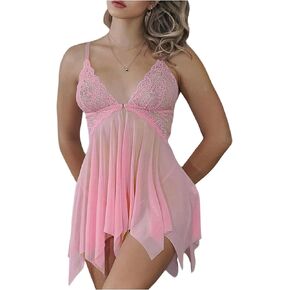 OYOANGLE Women's 2 Piece Babydoll Lingerie Lace Mesh Ruffle Chemise Nightgown Boudoir Nighty Sleepwear