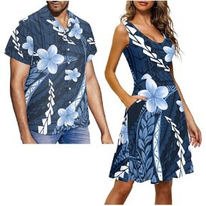 Men and Women Matching Outfits Polynesian Dress for Women Men's Button Down Short Sleeve Shirts
