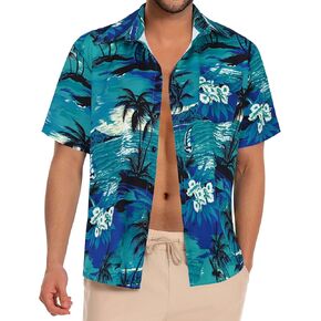 Mens Hawaiian Shirt Short Sleeve Summer Beach Casual Tops Button Down T Shirts with Pocket