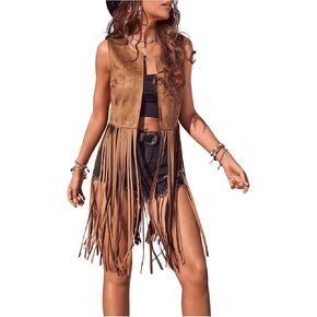 Verdusa Women's Tassel Sleeveless Vest 70s Western Outfit Suede Fringe Trim Vest Jackets Hippie Clothes