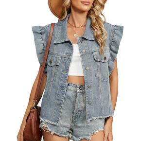 2025 Women's Denim Y2K Vintage Jean Crop Top Ruffle Sleeve Collared Neck Button Down Summer Casual Jacket